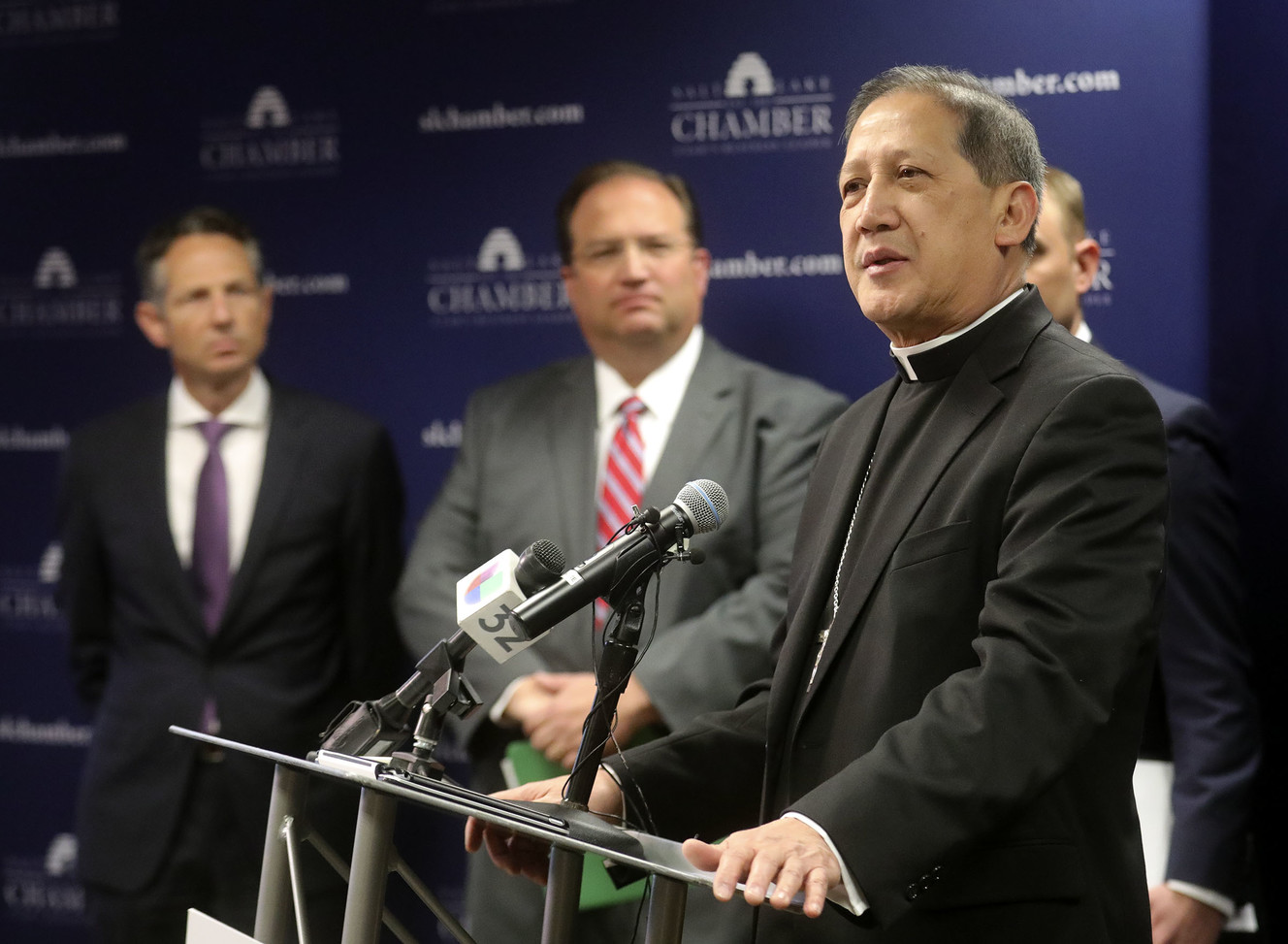 The Most Rev. Oscar Solis, bishop of the Catholic Diocese of Salt Lake City, speaks about the need to support families during a press conference at the Salt Lake Chamber in Salt Lake City on Thursday, March 21, 2019, where community leaders reaffirmed their support of the Utah Compact, a set of principles to guide the immigration discussion. (Photo: Kristin Murphy, KSL)