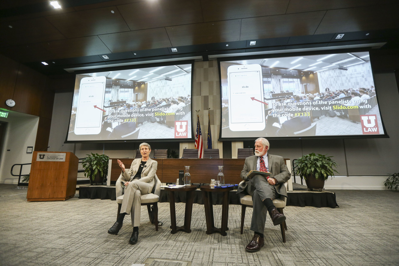 Former Secretary of the Interior Sally Jewell speaks with the University of Utah's Robert Keiter during the annual Stegner Center Symposium at the U. in Salt Lake City on Thursday, March 21, 2019. (Photo: Silas Walker, KSL)