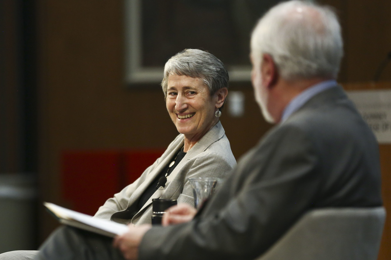 Former Secretary of the Interior Sally Jewell speaks with the University of Utah's Robert Keiter during the annual Stegner Center Symposium at the U. in Salt Lake City on Thursday, March 21, 2019. (Photo: Silas Walker, KSL)