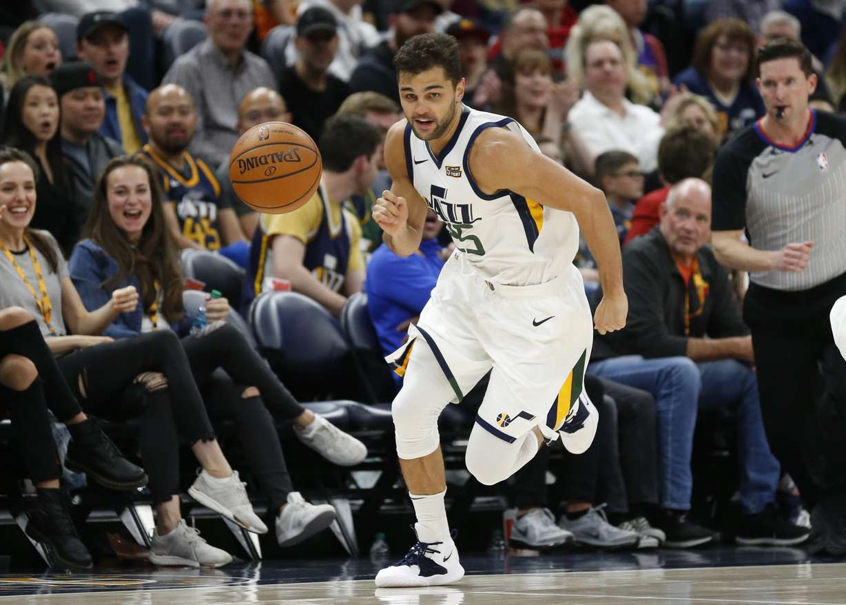 Utah Jazz guard Raul Neto (25) drives up court in the second half during an NBA basketball game against the Minnesota Timberwolves Thursday, March 14, 2019, in Salt Lake City. (AP Photo/Rick Bowmer)
