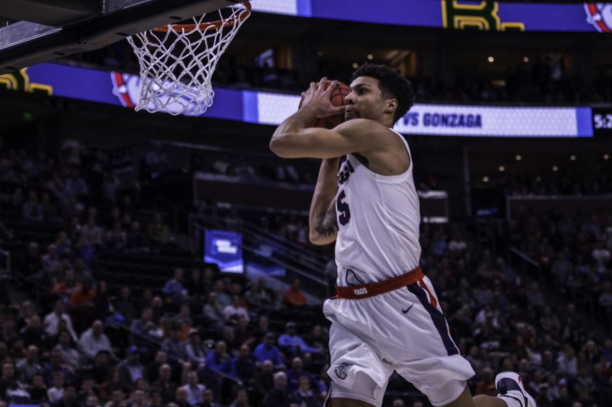 Gonzaga forward Brandon Clarke throws down a windmill dunk during the Bulldogs' 83-71 win in the second round of the NCAA tournament at the Vivint Arena on Saturday, March 23, 2019. Clarke led Gonzaga with 36 points and eight rebounds. (Photo: Carter Williams, KSL.com)