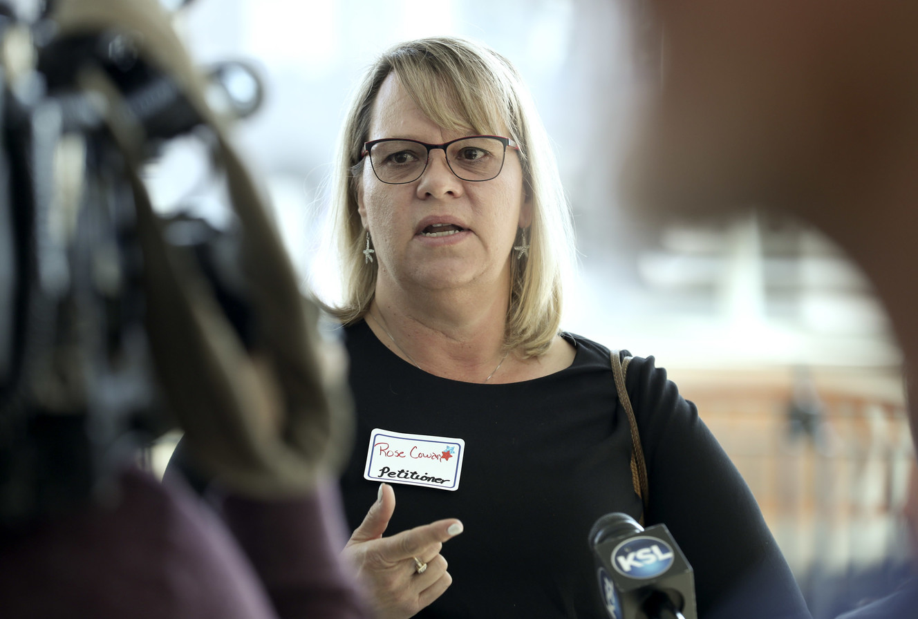 Rose Cowan, of St, George, talks with reporters outside the Utah Supreme Court on Monday, March 25, 2019. Cowan and several dozen Utahns have petitioned the court to overturn the medical marijuana law that state lawmakers passed in December and restore Proposition 2 as approved by voters in November. (Photo: Steve Griffin, KSL)