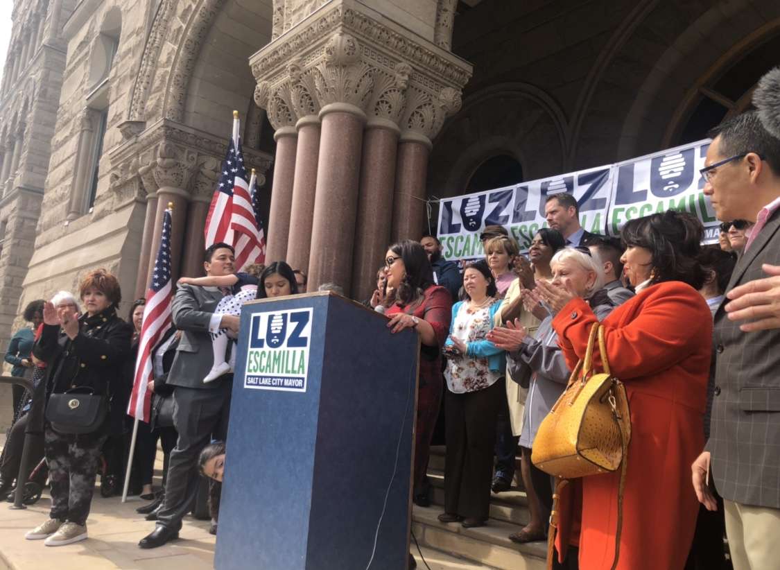 Sen. Luz Escamilla, D-Salt Lake City, launches her campaign for Salt Lake City mayor on the steps of the Salt Lake City-County Building on Tuesday, March 26, 2019. Photo: Katie McKellar, KSL