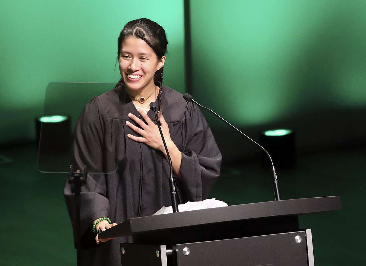 Michal Tuminez Tolk speaks about her mother, Astrid S. Tuminez, during the inauguration ceremony for Tuminez, Utah Valley University’s seventh president, at the UVU Noorda Center for the Performing Arts in Orem on Wednesday, March 27, 2019. (Photo: Kristin Murphy, KSL)