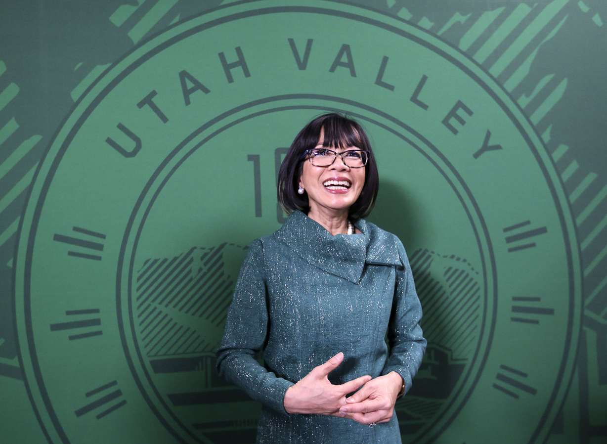 Astrid S. Tuminez, Utah Valley University’s seventh president, talks to the media after her inauguration ceremony at the UVU Noorda Center for the Performing Arts in Orem on Wednesday, March 27, 2019. (Photo: Kristin Murphy, KSL)