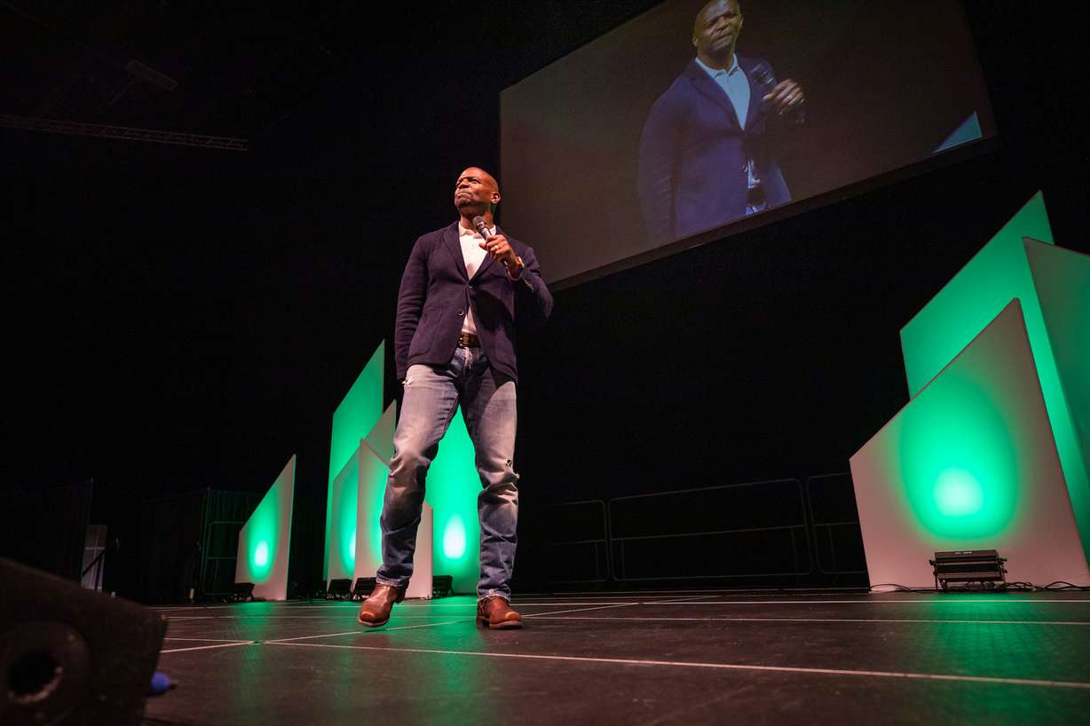 Terry Crews speaks in the UCCU Center on the campus of Utah Valley University in Orem on Thursday, March 28, 2019. (Photo: Utah Valley University)