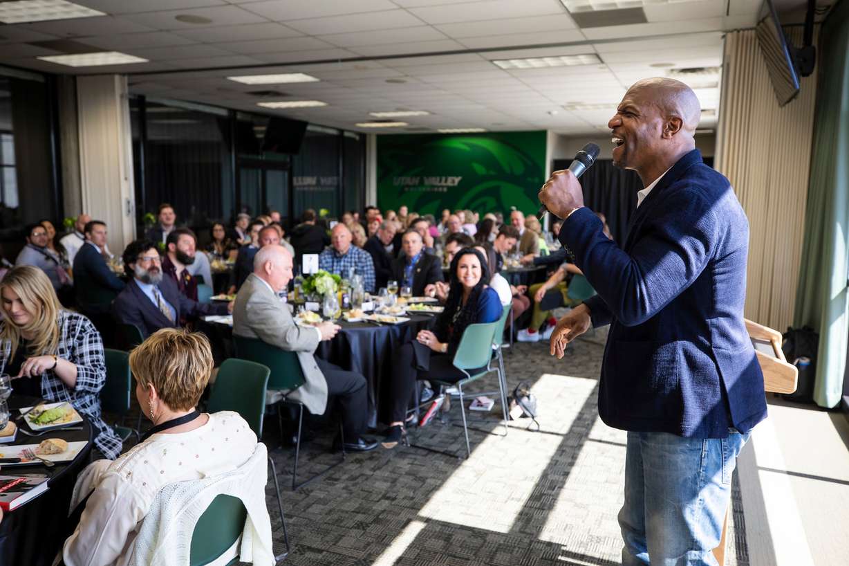 Terry Crews speaks in the UCCU Center on the campus of Utah Valley University in Orem on Thursday, March 28, 2019. (Photo: Utah Valley University)
