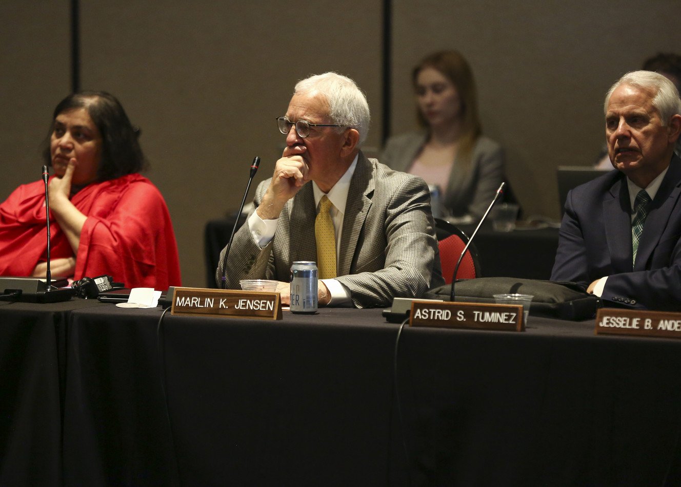 Regent Marlin Jensen listens to University of Utah President Ruth Watkins speak during the Utah State Board of Regents public hearing about tuition increases at Salt Lake Community College in Sandy on Thursday, March 28, 2019. (Photo: Silas Walker, KSL)