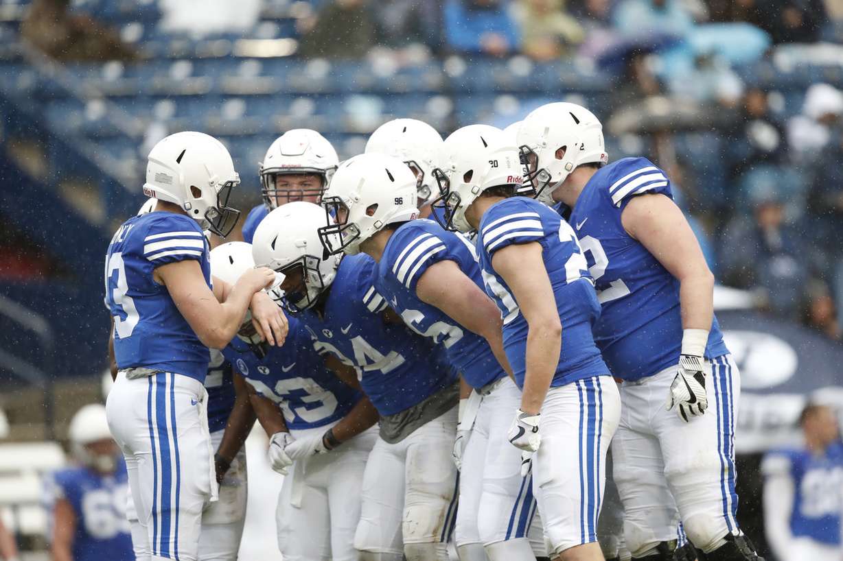 Quarterback Baylor Romney calls the huddle during the Cougars' annual spring scrimmage, Saturday, April 7, 2018 at LaVell Edwards Stadium in Provo. (Photo: Jaren Wilkey, BYU Photo)