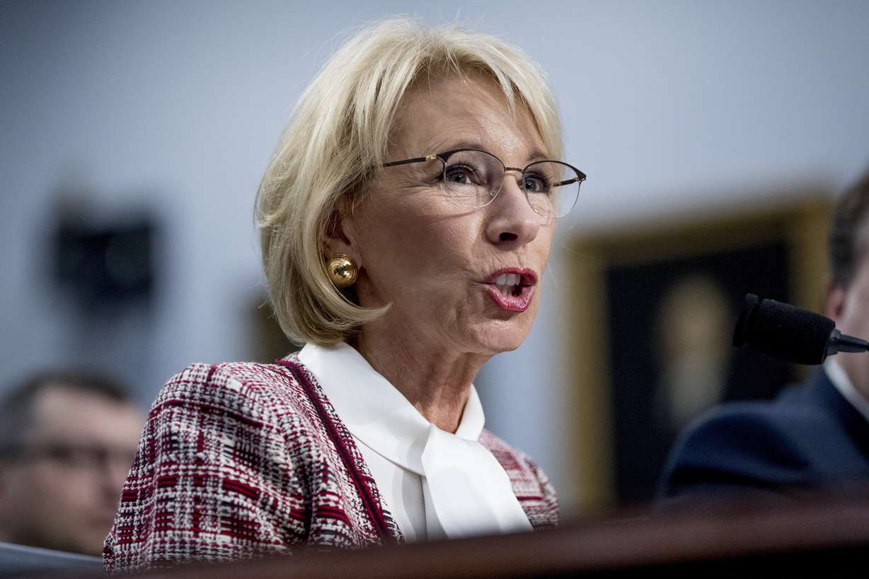 Education Secretary Betsy DeVos speaks during a House Appropriations subcommittee hearing on budget on Capitol Hill in Washington, Tuesday, March 26, 2019. Photo: Andrew Harnik, AP Photo