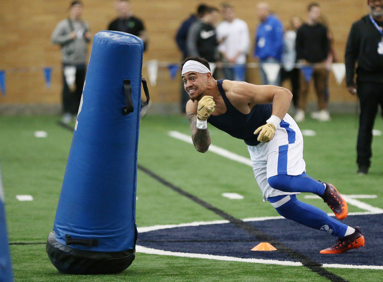 Brigham Young Cougars linebacker Sione Takitaki works out for NFL scouts during Pro Day in Provo on Friday, March 29, 2019. (Photo: Jeffrey D. Allred, Deseret News)