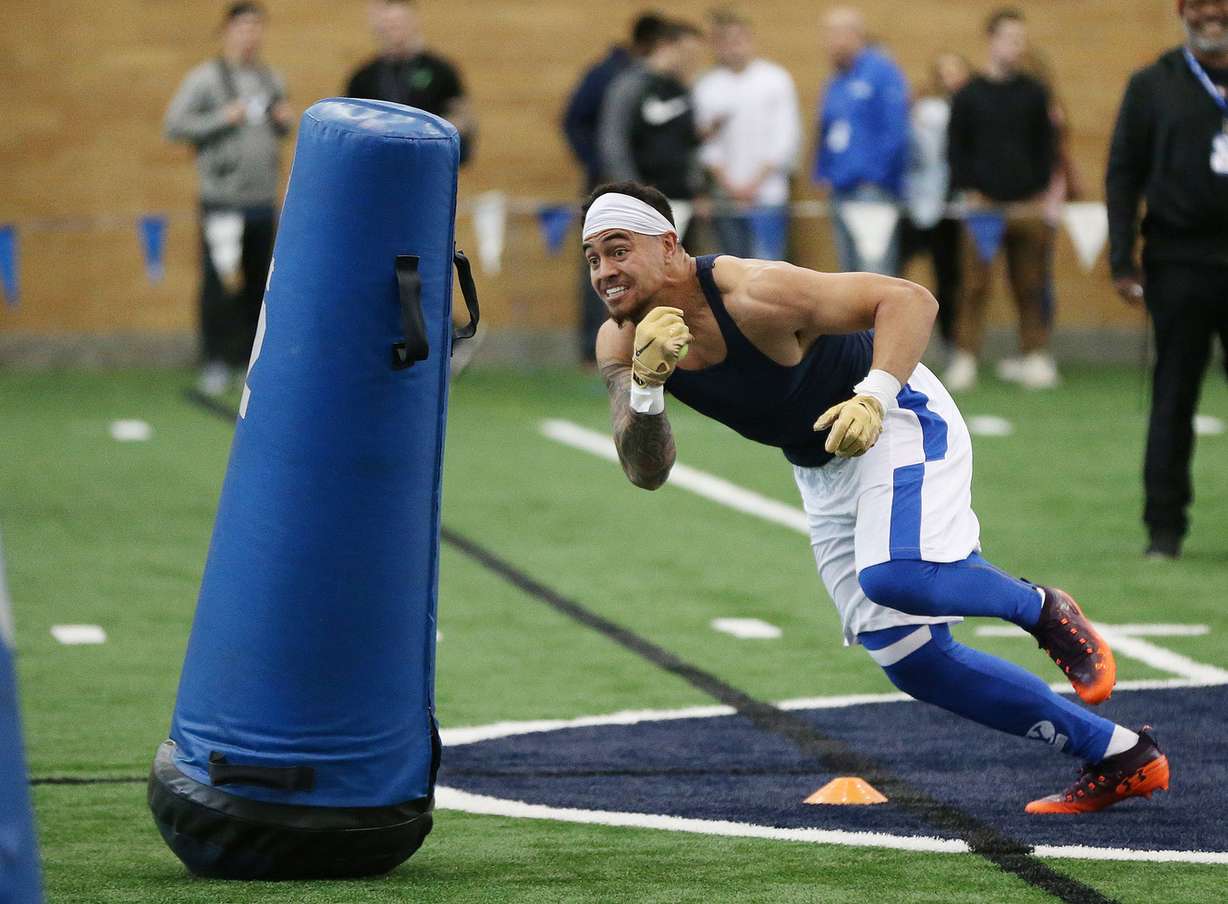 Brigham Young Cougars linebacker Sione Takitaki works out for NFL scouts during Pro Day in Provo on Friday, March 29, 2019. (Photo: Jeffrey D. Allred, Deseret News)
