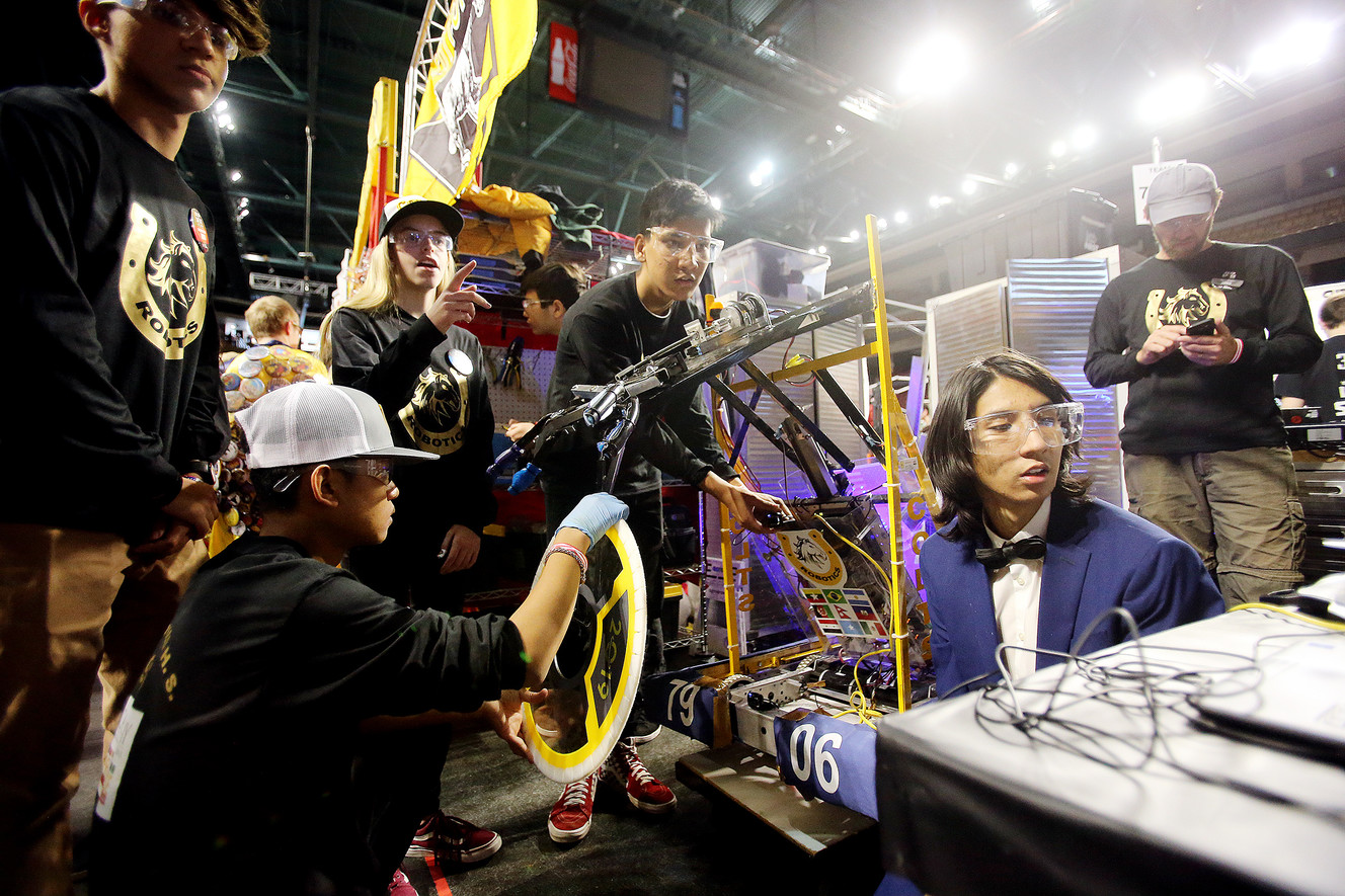 Students from Cottonwood High School work to compete in the First Robotics Competition Utah Regional event at the Maverik Center in West Valley City, Utah, on Friday, March 29, 2019. (Photo: Scott G Winterton, KSL)