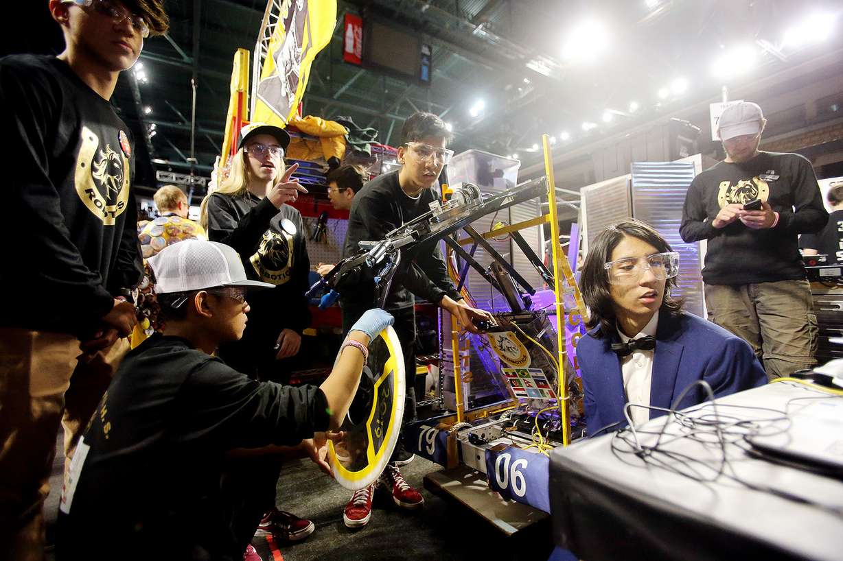 Students from Cottonwood High School work to compete in the First Robotics Competition Utah Regional event at the Maverik Center in West Valley City, Utah, on Friday, March 29, 2019. (Photo: Scott G Winterton, KSL)