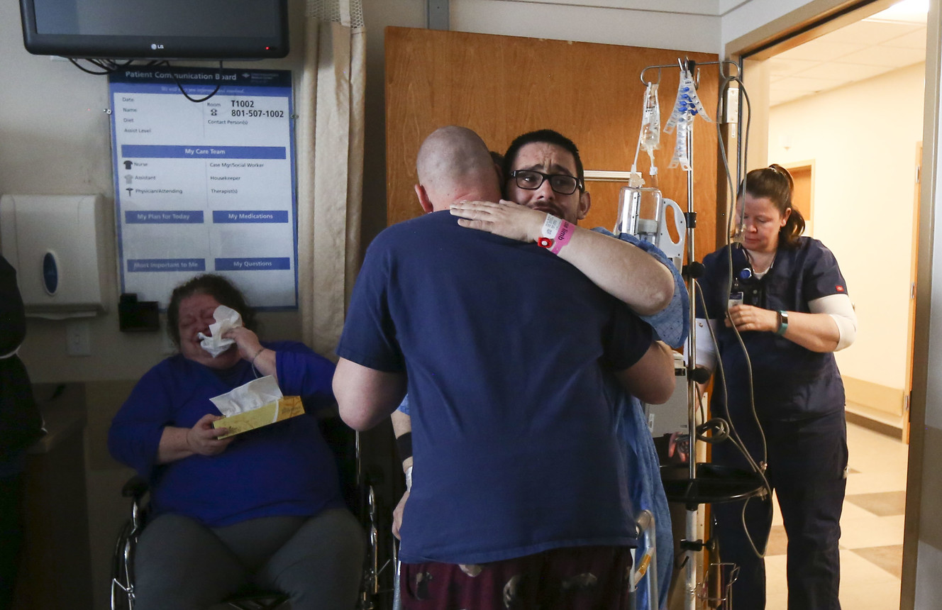 Mitchell Salas hugs and thanks his kidney donor Matthew Thompson when the two met for the first time after surgery at Intermountain Medical Center in Murray on Friday, March 29, 2019. Thompson, 32, decided to donate his kidney and put it on his to-do list years earlier but was able to cross it off his list on March 27. (Photo: Silas Walker, KSL)