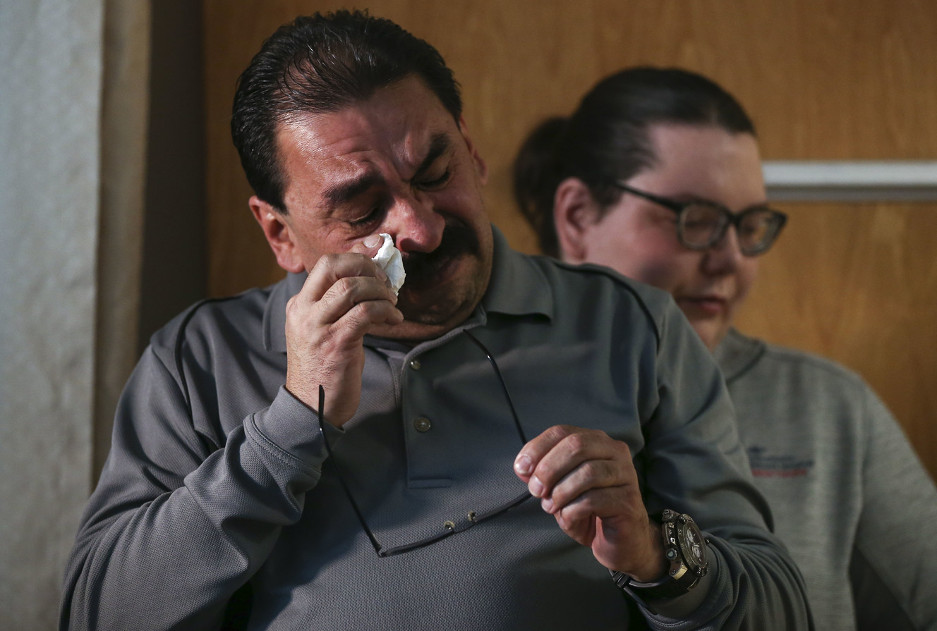 Willie Salas wipes tears from his eyes after meeting his son's kidney donor Matthew Thompson at Intermountain Medical Center in Murray on Friday, March 29, 2019. (Photo: Silas Walker, KSL)