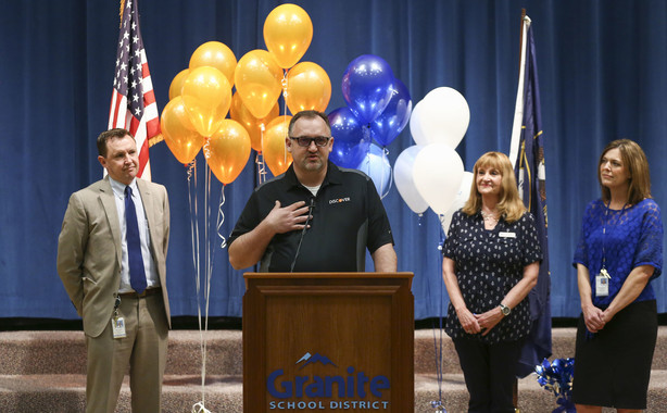 Steve Peck, a representative from Discover, speaks during a press conference at Woodstock Elementary in Murray on Monday, April 1, 2019, after the Granite School District received a donation from Discover to continue a program aimed at empowering children to recognize, resist and report all aspects of child abuse. (Photo: Silas Walker, KSL)