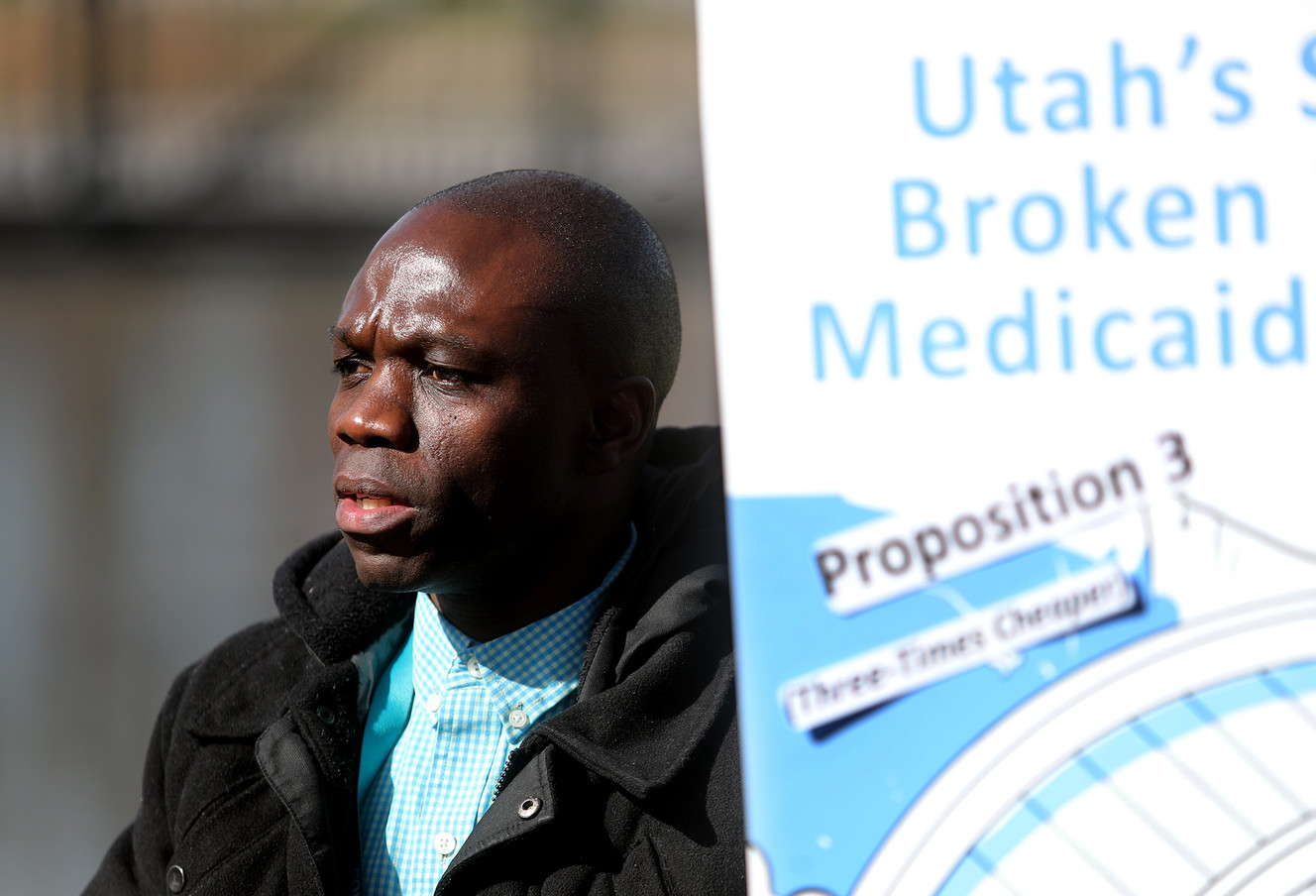 Leonard Bagalwa speaks during a press conference at Liberty Park in Salt Lake City on Monday, April 1, 2019. During the press conference, health care advocates highlighted areas where Utahns will be left behind through the state's partial Medicaid expansion plan. (Photo: Scott G Winterton, KSL)