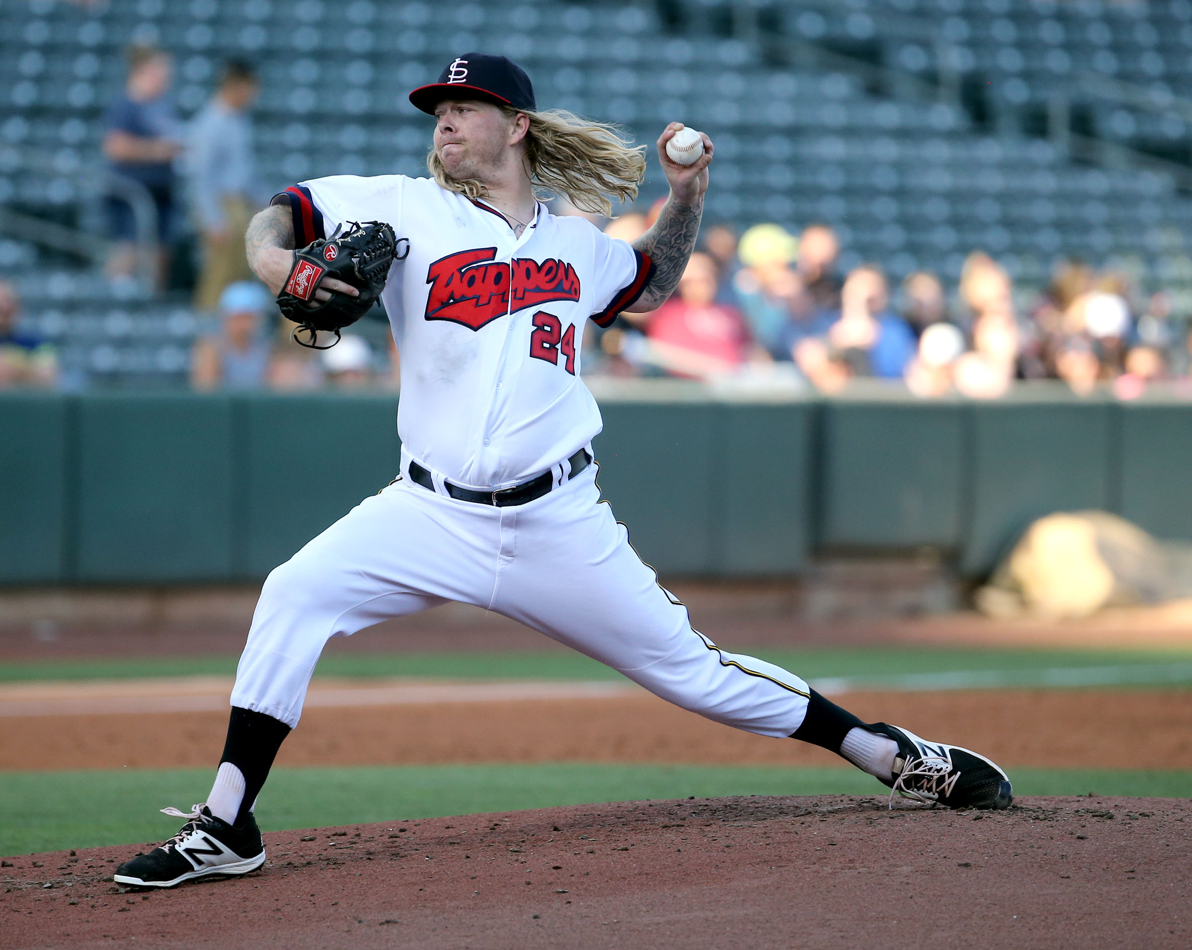 The Salt Lake Bees' John Lamb throws a pitch during a baseball game against the Reno Aces at Smith's Ballpark in Salt Lake City on Monday, June 26, 2017. The Bees were wearing Trappers jerseys for 80's throwback night. (Photo: Kristin Murphy, KSL, File)