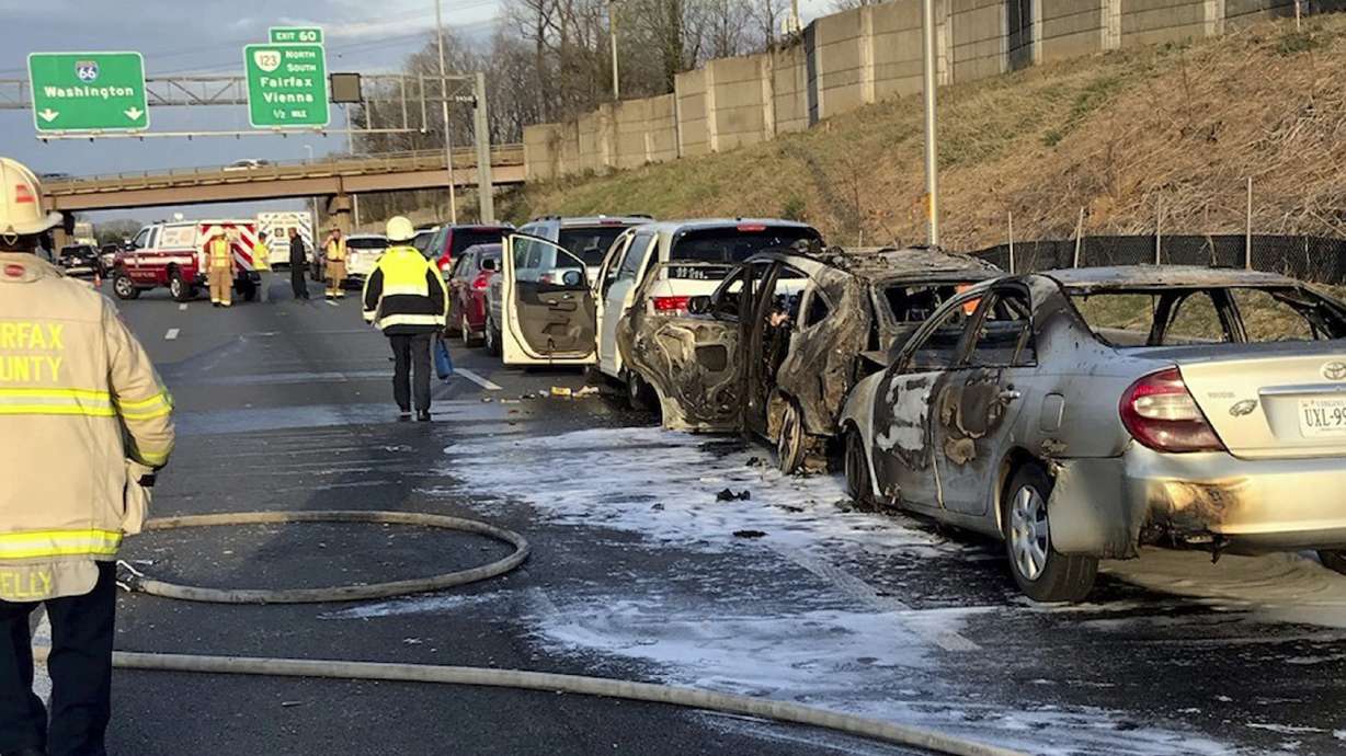 Fiery 12-car crash slows traffic in DC area, injures 1