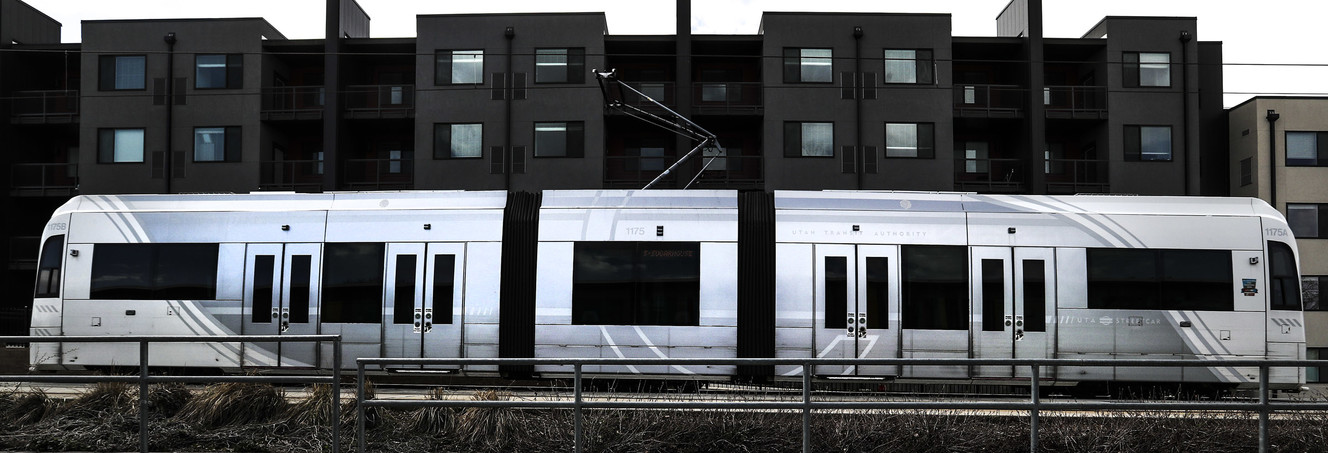 Two S-Line streetcars pass through the newly completed double track area of the line near 2200 South and 300 East in Salt Lake City on Friday, April 5, 2019. With the double track construction project completed, a streetcar will be available every 15 minutes along the line. (Photo: Steve Griffin, KSL)