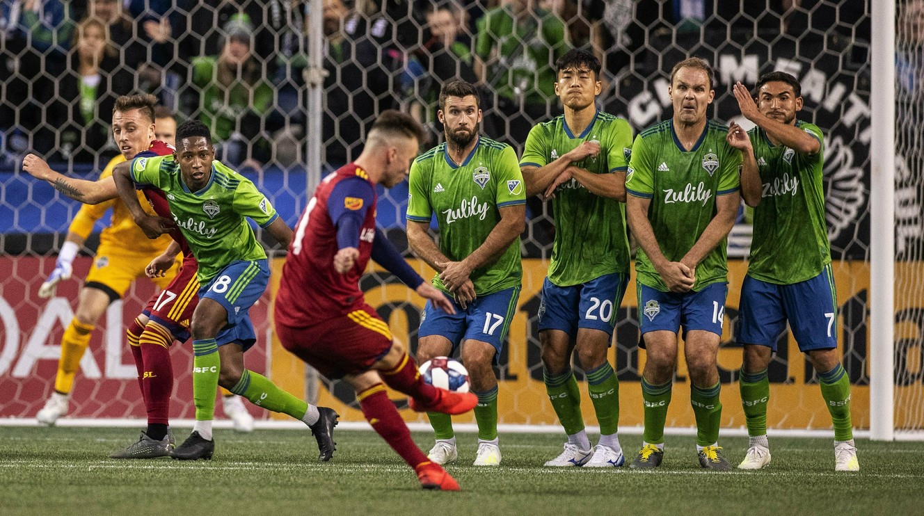 The kick by Real Salt Lake's Albert Ruznak is left and misses its mark against the Seattle Sounders during the first half of an MLS soccer match Saturday, April 6, 2019, in Seattle. (Photo: Dean Rutz, The Seattle Times via AP)