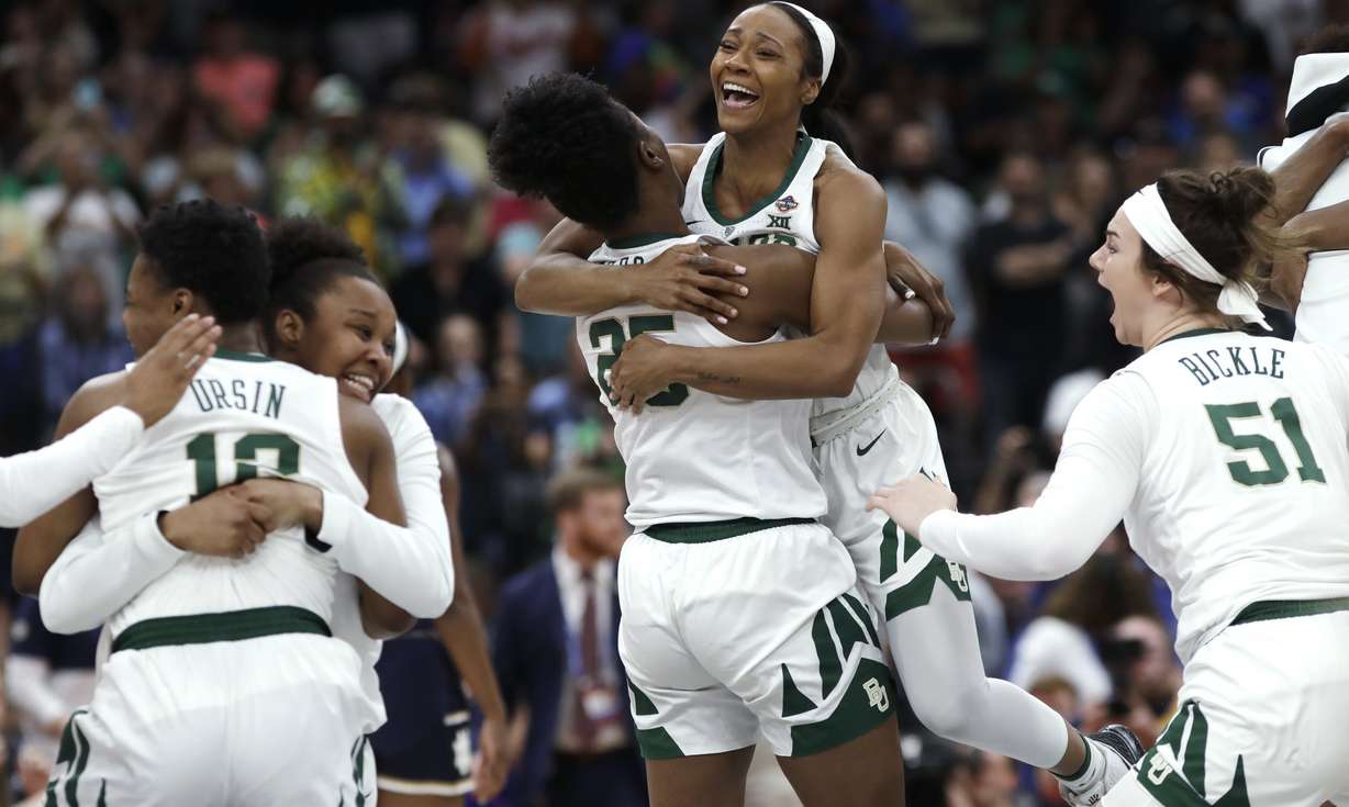 Baylor players celebrate after defeating Notre Dame in the Final Four championship game of the NCAA women's college basketball tournament Sunday, April 7, 2019, in Tampa, Fla. Baylor won 82-21. (Photo: Chris O'Meara, AP)