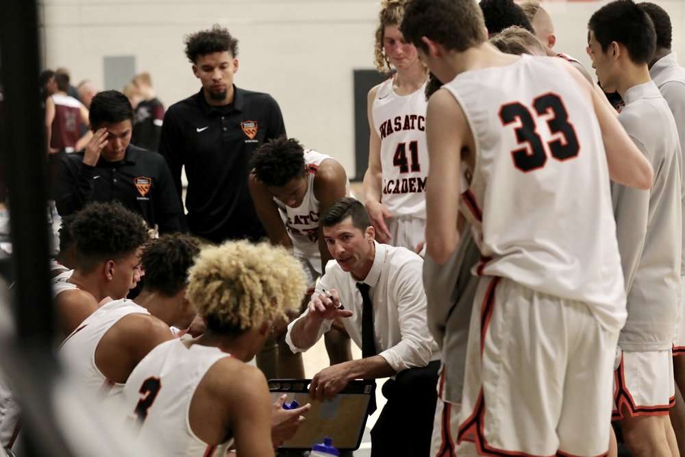 First-year coach David Evans talks to his team during a break in action. Wasatch Academy will play in the Geico National Championship Tournament April 4-6 in New York City as the No. 6 seed. (Photo provided by Wasatch Academy Basketball)