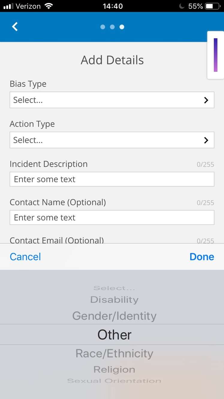 A screenshot of the page to report incidents in the app. (Photo: Richard Medina and Emily Nicolosi)
