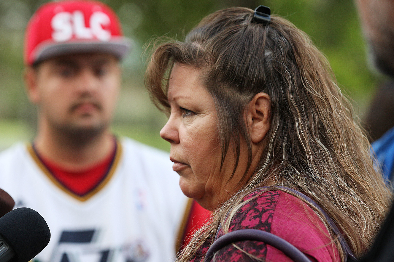 Gina Thayne, aunt to Dillon Taylor, talks with members of the media in Salt Lake City onTuesday, Sept. 30, 2014. Dillon Taylor was shot and killed by police. (Photo: Ravell Call, KSL)