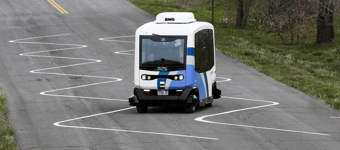 Utah Department of Transportation and Utah Transit Authority officials ride on an autonomous shuttle at the UDOT test track in West Valley City on Thursday, April 11, 2019. The two agencies are testing driverless transportation technology to identify opportunities to improve safety, access and mobility to meet the needs of Utah communities. (Photo: Steve Griffin, KSL)