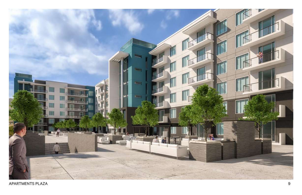 An artist rendering of the apartment complexes and courtyard that would be a part of the Cairns District project that was approved during a Sandy City Council meeting on Tuesday, April 9, 2019. (Photo: Beecher Walker Architects)
