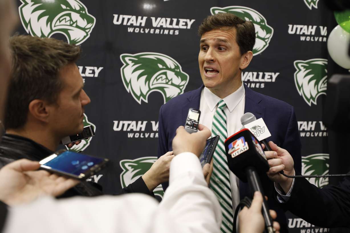 New Utah Valley men's basketball coach Mark Madsen speaks with the media after being formally introduced by the Wolverines, Monday, April 15, 2019 in Orem. (Photo: Jay Drowns, Utah Valley University)