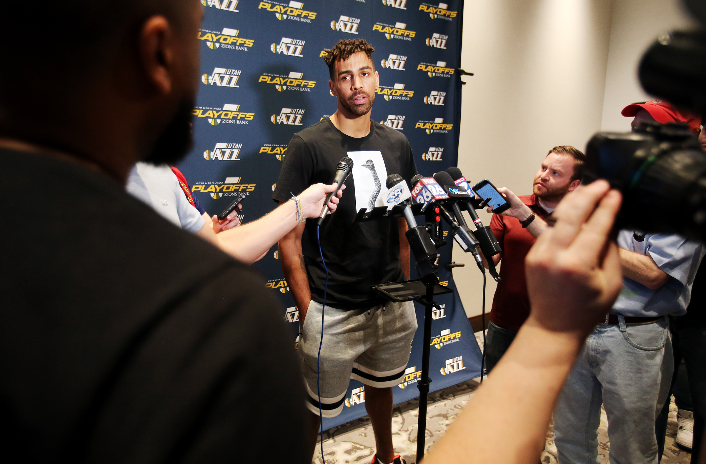 Utah Jazz forward Thabo Sefolosha talks with the media about game one during a press availability at the team hotel in Houston on Monday, April 15, 2019. (Scott G Winterton/KSL)