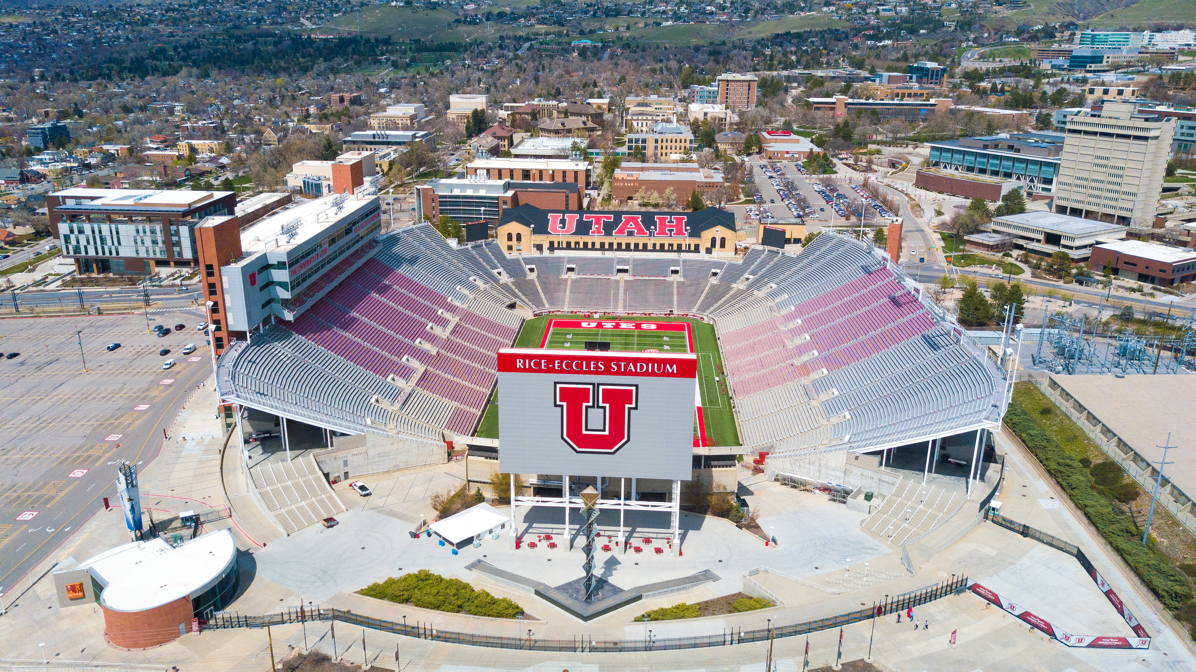 Rice Eccles Stadium as seen from the above the campus of the University of Utah.