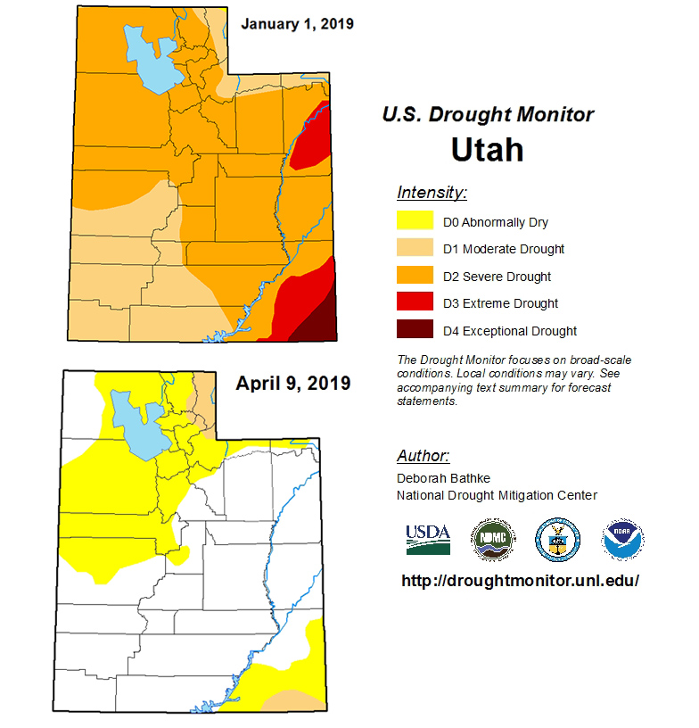 A map of Utah's drought situation on Jan. 1, 2019 compared to April 9, 2019. On Jan. 1, nearly 100 percent of the state was in a "moderate" drought. As of April 9, 36.6 percent of the state was reported as "abnormally dry" and 3.24 percent was in a "moderate" drought. (Photo: U.S. Drought Monitor)