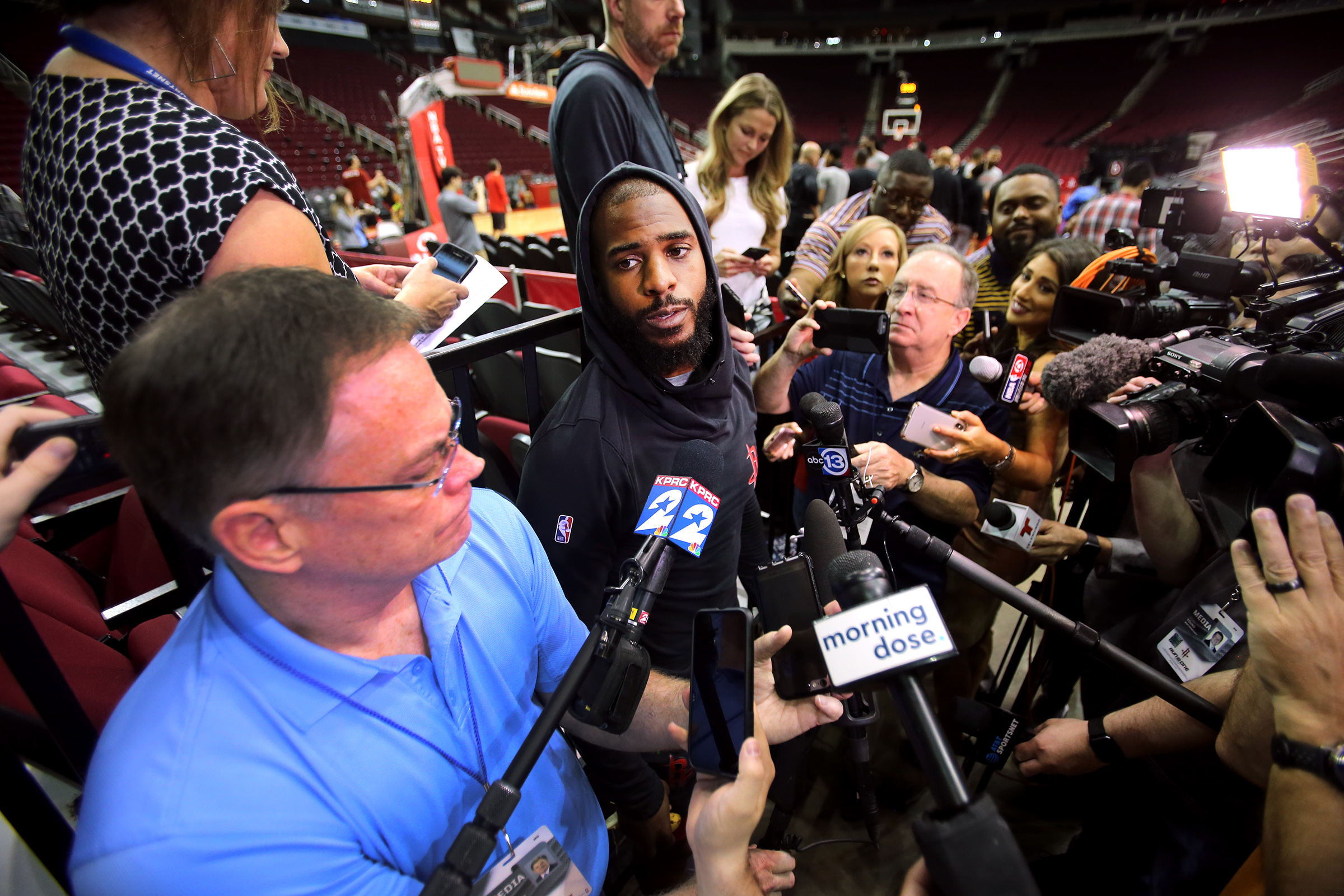 Houston Rockets guard Chris Paul talks with the media media as they prepare for game 2 before practice at the Toyota Center in Houston on Tuesday, April 16, 2019.	(Scott G Winterton, KSL)