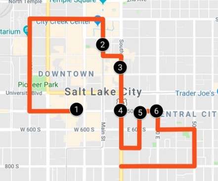 A map showing the route police believe Harold Vincent Robinson, 37, took around downtown Salt Lake City along with points where shots were reportedly fired on Monday, April 8, 2019. (Photo: Salt Lake City Police Department)