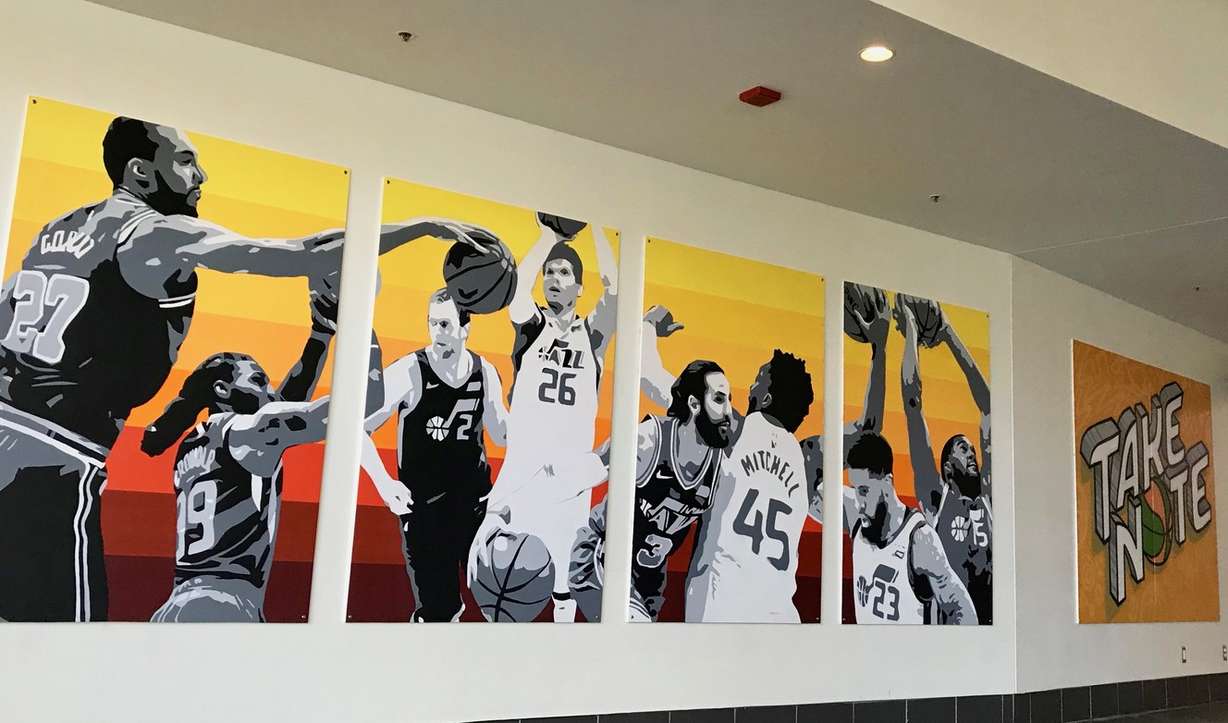 A mural by local artist Trent Call, who also painted the famous "Jazz 40" mural in downtown Salt Lake City, greets Utah Jazz fans as they enter Vivint Smart Home Arena prior to Saturday's Game 3 of the NBA playoff series against the Houston Rockets. (Photo: Sean Walker, KSL.com)