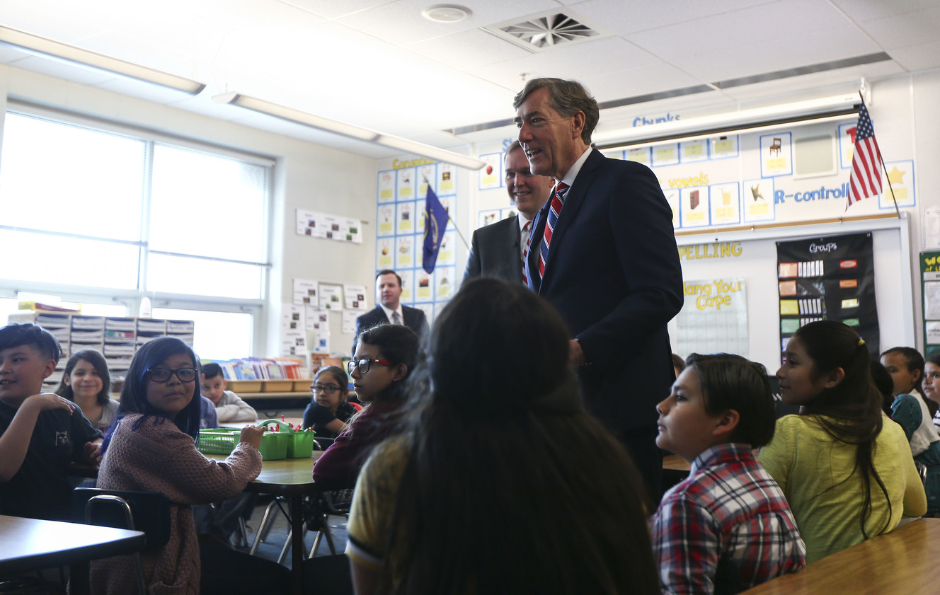 Zions Bank President and CEO Scott Anderson speaks to students at Granger Elementary School as a part of National Teach Children to Save Day in West Valley City on Monday, April 22, 2019. (Photo: Silas Walker, KSL)