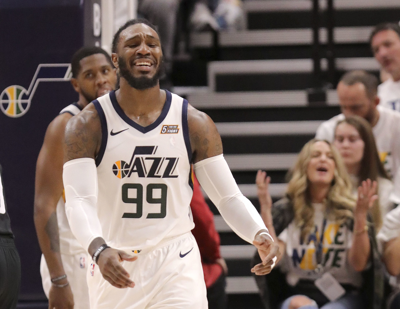 Utah Jazz forward Jae Crowder (99) reacts after an offensive foul is called on Utah Jazz forward Royce O'Neale (23) during Game 4 of the NBA Playoffs against the Houston Rockets at the Vivint Smart Home Arena in Salt Lake City on Monday, April 22, 2019. (Photo: Kristin Murphy, KSL)