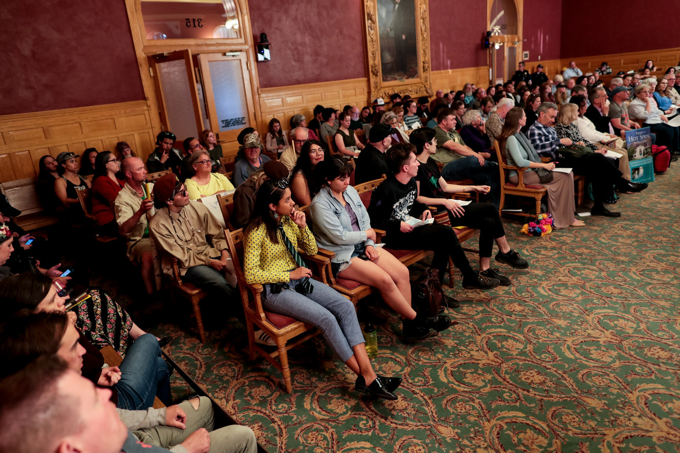 People fill the seats at a Salt Lake City Council meeting, largely to comment on single-room occupancy housing and other affordable housing issues, at the Salt Lake City and County Building on Tuesday, April 23, 2019. Photo: Spenser Heaps, KSL