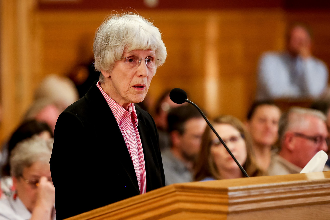 Pamela Atkinson, an advocate for homeless individuals, speaks at a Salt Lake City Council meeting at the Salt Lake City and County Building on Tuesday, April 23, 2019. Photo: Spenser Heaps, KSL