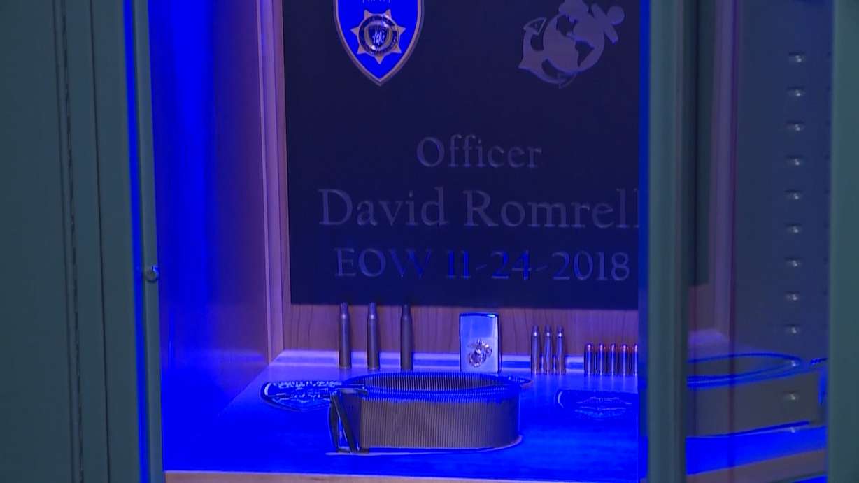 A locker memorial for fallen South Salt Lake police officer David Romrell is pictured on April 24, 2019. (Photo: Stuart Johnson, KSL TV)