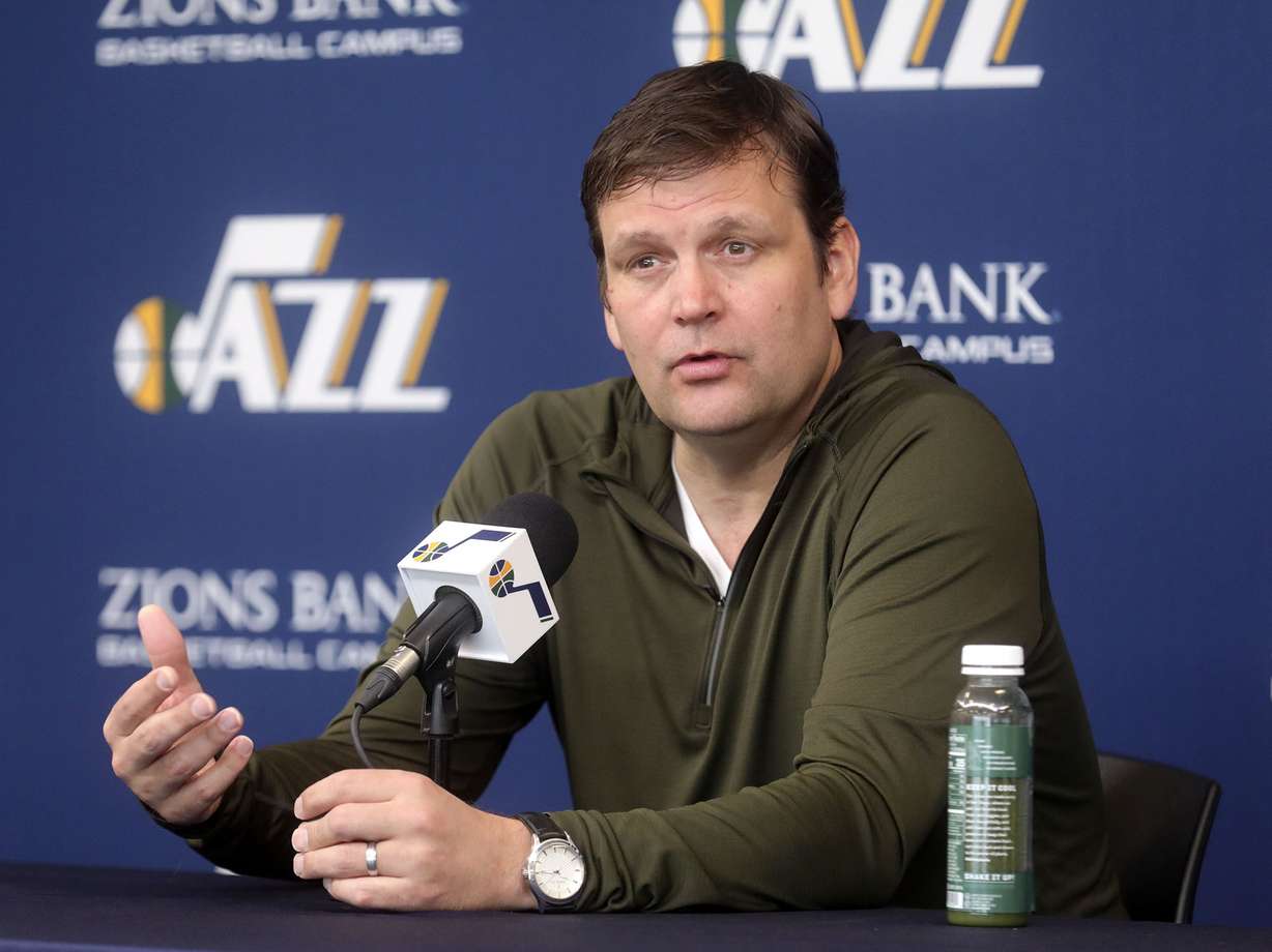 Jazz executive vice president of basketball operations Dennis Lindsey talks at the Jazz's end of season media availability. (Kristin Murphy, KSL)