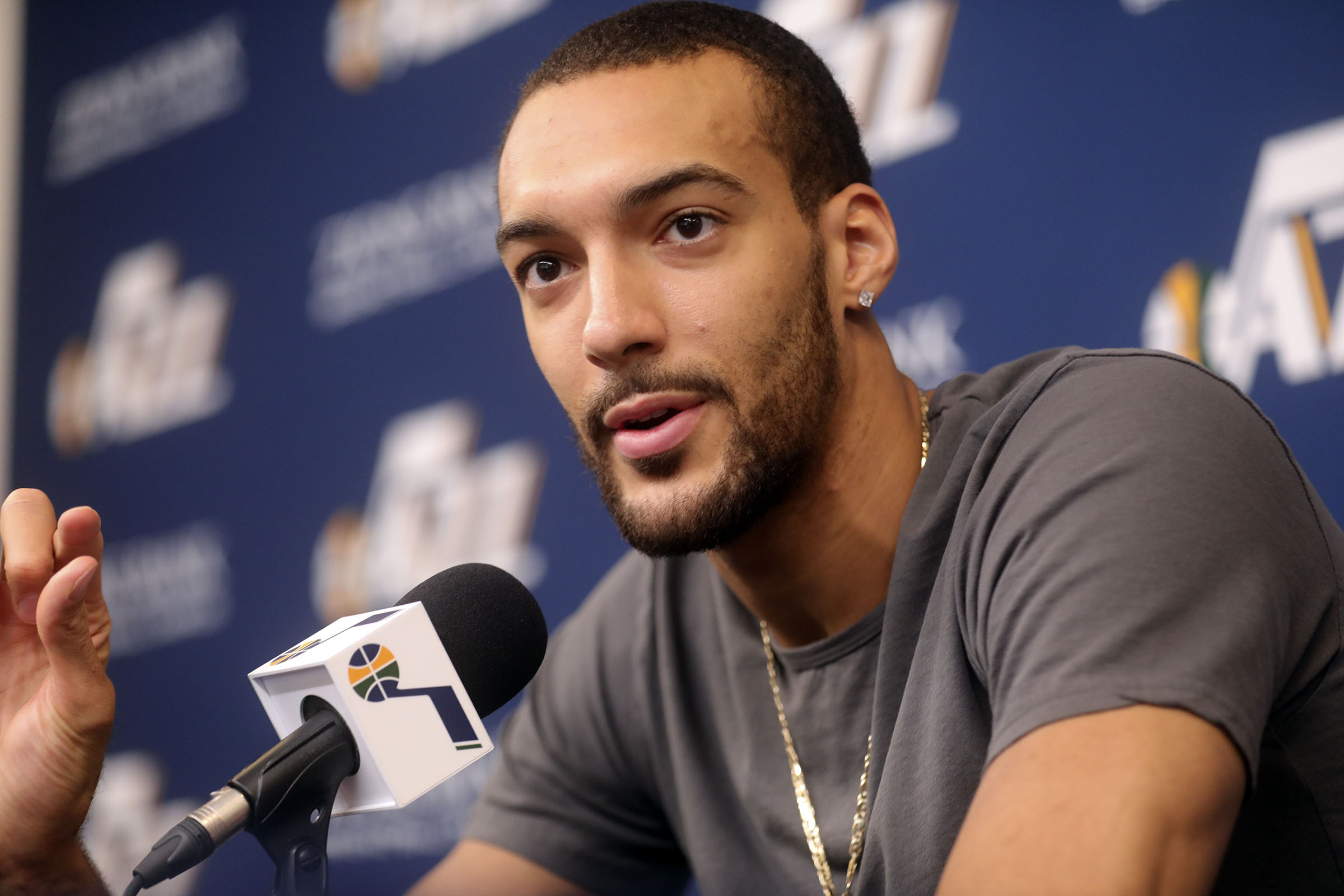 Utah Jazz center Rudy Gobert talks to members of the media at the Zions Bank Basketball Center in Salt Lake City on Thursday, April 25, 2019. The Utah Jazz season ended with Wednesday's loss to Houston in the playoffs. (Kristin Murphy, KSL)