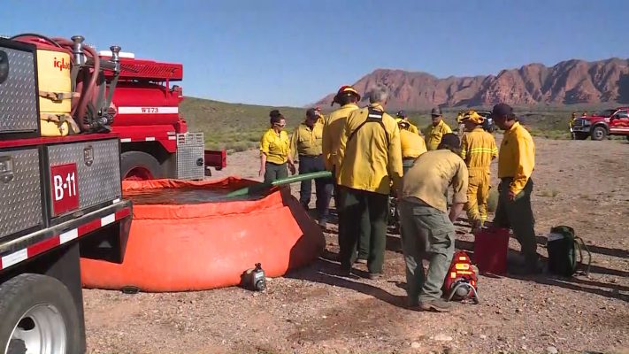 Fire crews in Southern Utah pump water during a training for the upcoming wildfire season on Saturday, April 27, 2019. (Photo: KSL TV)