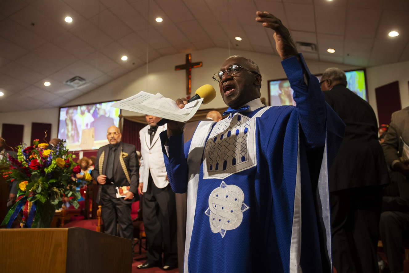 The Rev. France Davis speaks at Calvary Baptist Church in Salt Lake City on Sunday, April 28, 2019. After 45 years, the Rev. Davis will retire as pastor of Calvary Baptist Church at the end of the year. (Photo: Scott G Winterton, KSL)