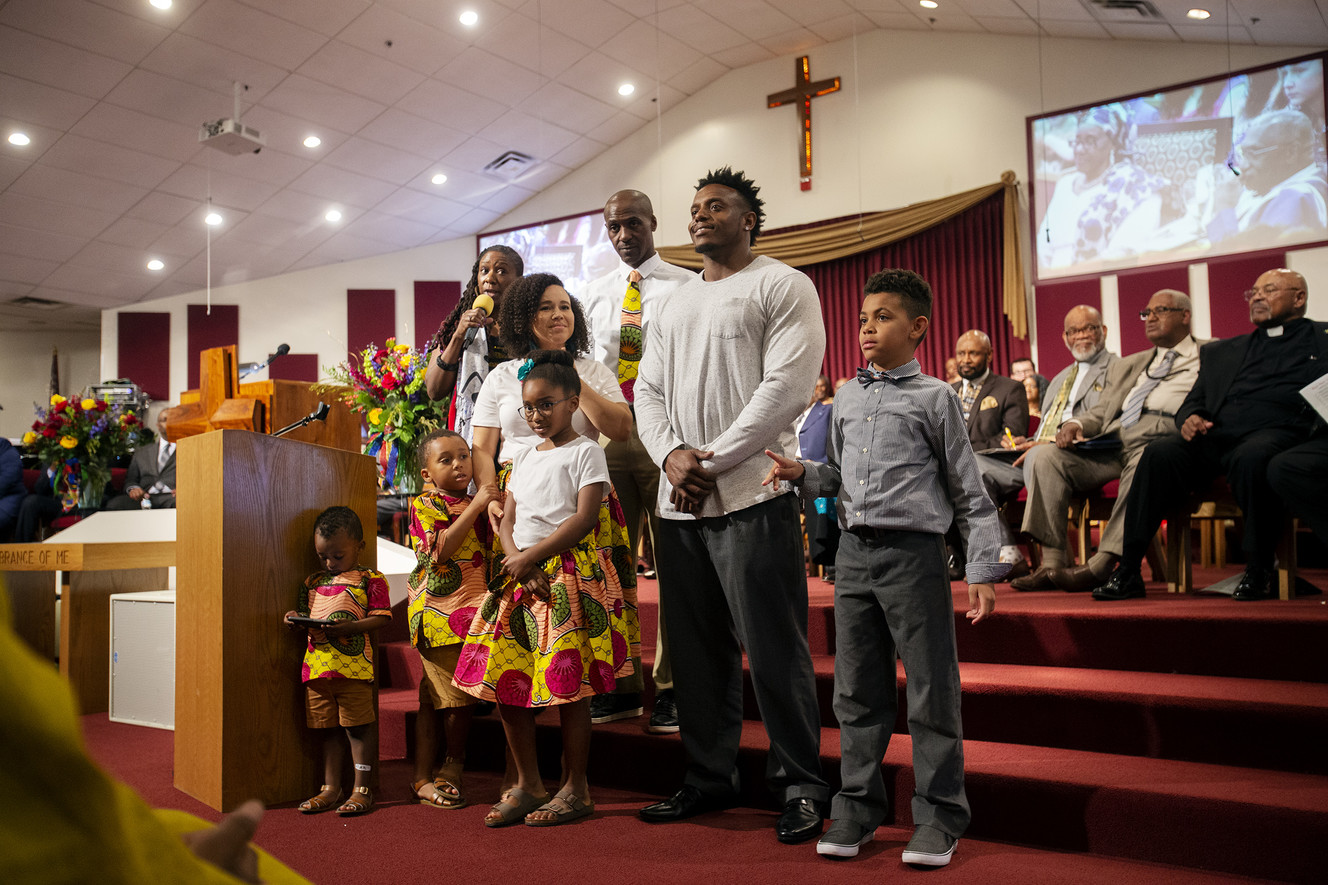 Children and grandchildren of the Rev. France Davis and Davis thank them and the congregation at Calvary Baptist Church in Salt Lake City on Sunday, April 28, 2019. After 45 years, the Rev. Davis will retire as pastor of Calvary Baptist Church at the end of the year. (Photo: Scott G Winterton, KSL)