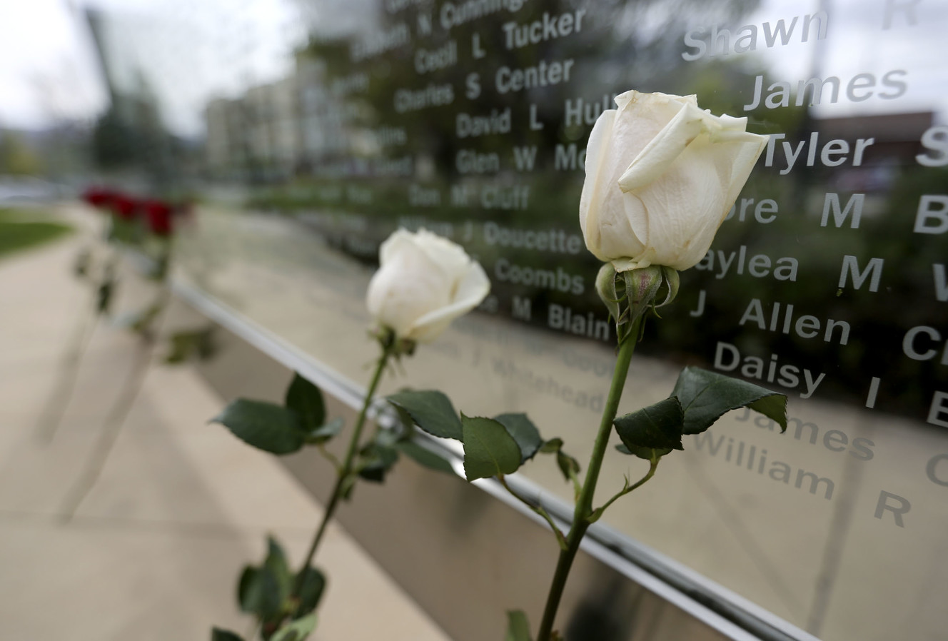 Roses placed by the Celebration of Life Donor Monument are pictured at Library Square in Salt Lake City on Tuesday, April 30, 2019, after a press conference where those personally impacted by tissue donation shared their stories. (Photo: Kristin Murphy, KSL)